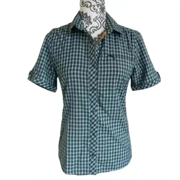 Icebreaker Shirt Short Sleeves Button Down Green Blue Pocket Women's size Small - Picture 2 of 11